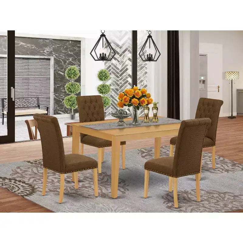 HomeStock Belmont 5Pc Dining Set Includes a Rectangle Dinette Table and Four Parson Chairs with Dark Coffee Fabric, Oak Finish