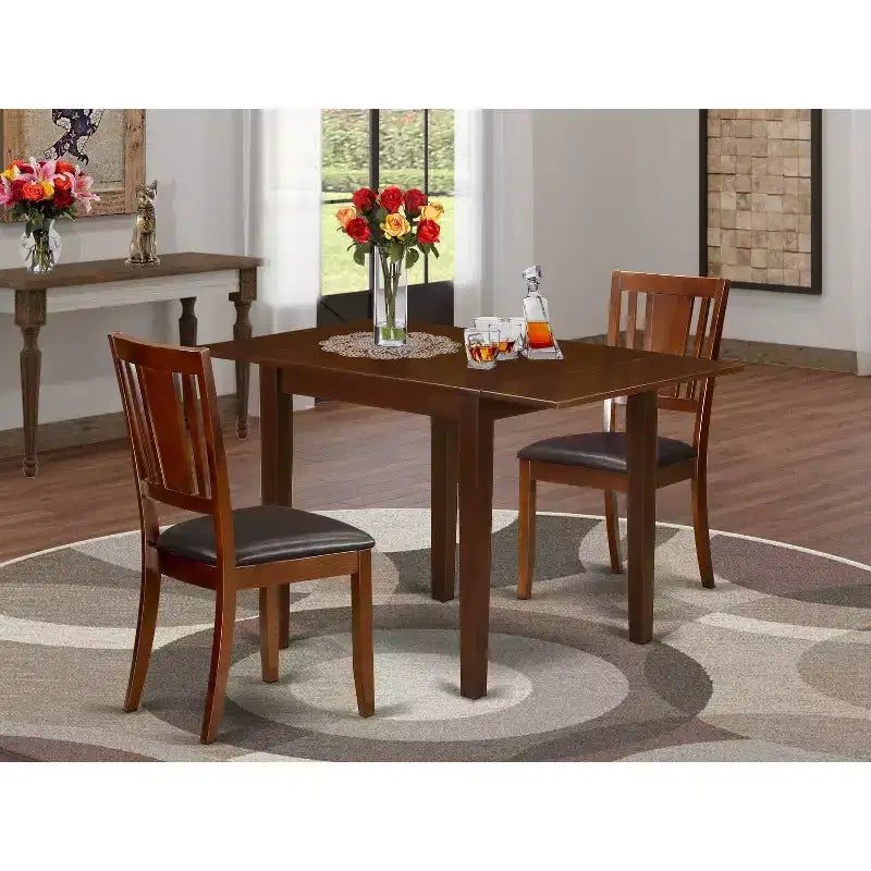 HomeStock Belmont Dining Set for 3 Wooden Dining Room Chairs, Wood Dining Table - Chocolate Brown Color Faux Leather - Mahogany Finish