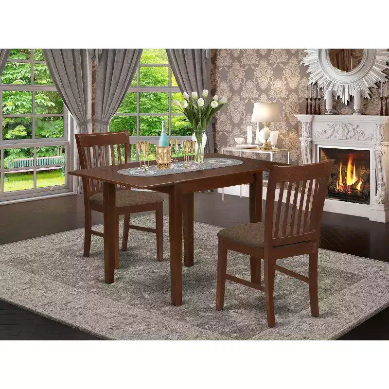 HomeStock Belmont 3Pc Dining Table Set Contains a Small Dining Table and 2 Modern Dining Chairs with Linen Fabic Seat, Mahogany Finish