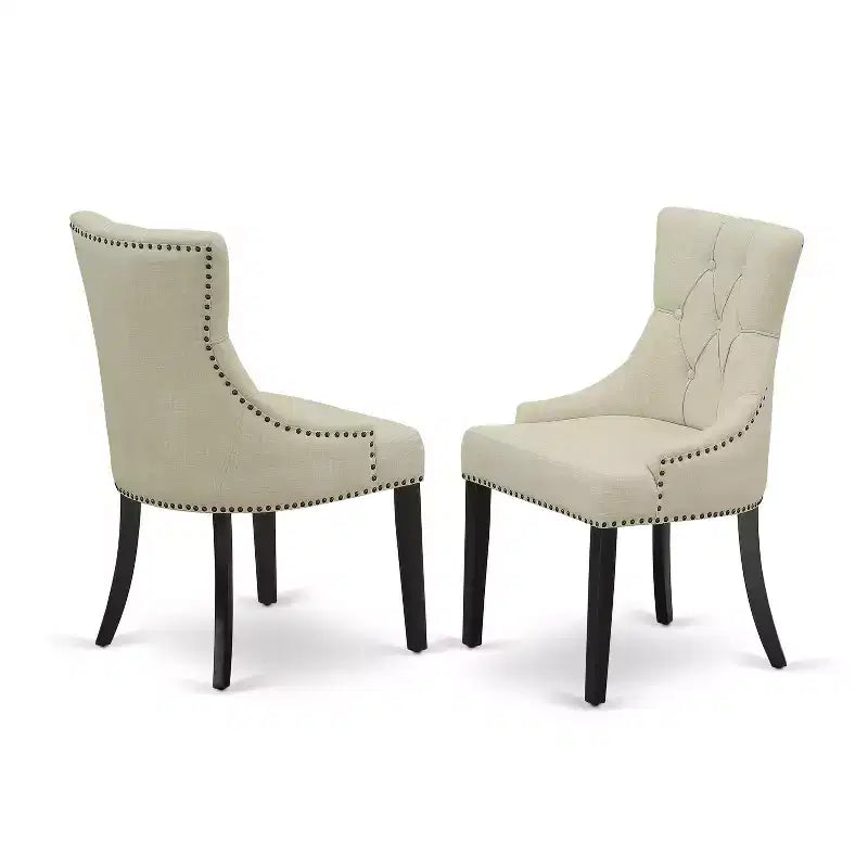 HomeStock Belmont Ensemble de salle à manger 7 pièces comprenant une table de cuisine rectangulaire avec rallonge papillon et six chaises Parson en tissu beige clair, finition noire