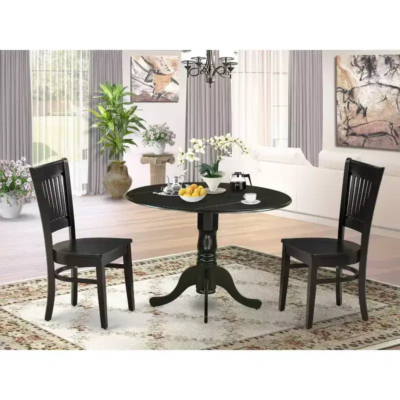 HomeStock Belmont 3-Piece Kitchen Table Set- 2 Mid Century Chair with Wooden Seat and Slatted Chair Back - Drop Leaves Breakfast Table - Black Finish