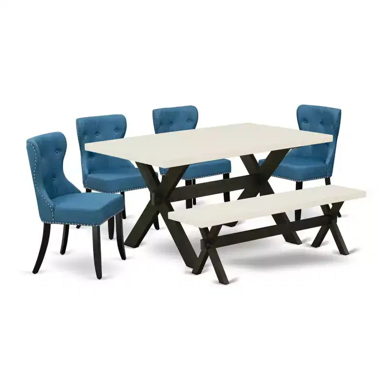 HomeStock Belmont Ensemble de salle à manger 6 pièces – 4 chaises de salle à manger avec plateau rectangulaire et banc de salle à manger – Fini blanc lin et noir