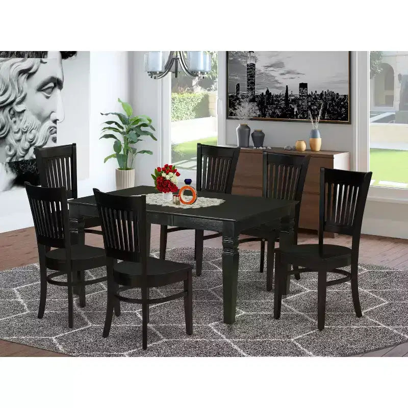 HomeStock Belmont 7-Piece Kitchen Dining Table Set 6 Dining Chairs and Butterfly Leaf Dinner Table- Black Finish