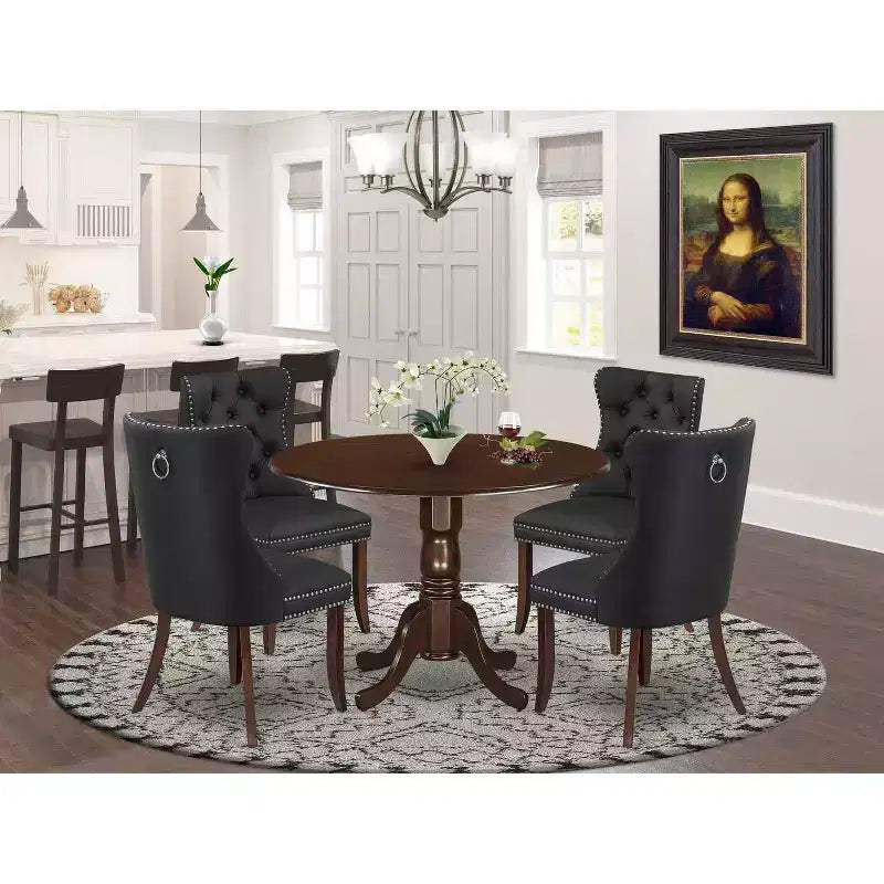 HomeStock Belmont 5 Piece Dining Room Set Consists of a Round Kitchen Table with Dropleaf and 4 Upholstered Chairs, Mahogany