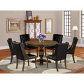 HomeStock Belmont 7 Piece Kitchen Dining Table Set Consists of a Dinner Table and 6 Black PU Leather Dining Room Chairs - Distressed Jacobean Finish