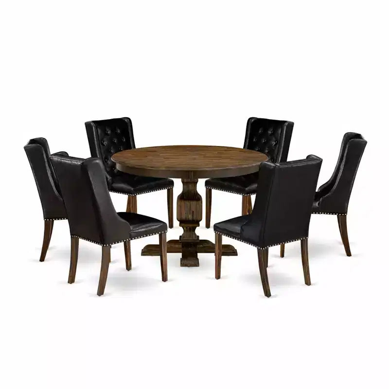 Ensemble de salle à manger et cuisine 7 pièces HomeStock Belmont composé d'une table à manger et de 6 chaises de salle à manger en cuir PU noir - Finition Jacobean vieillie