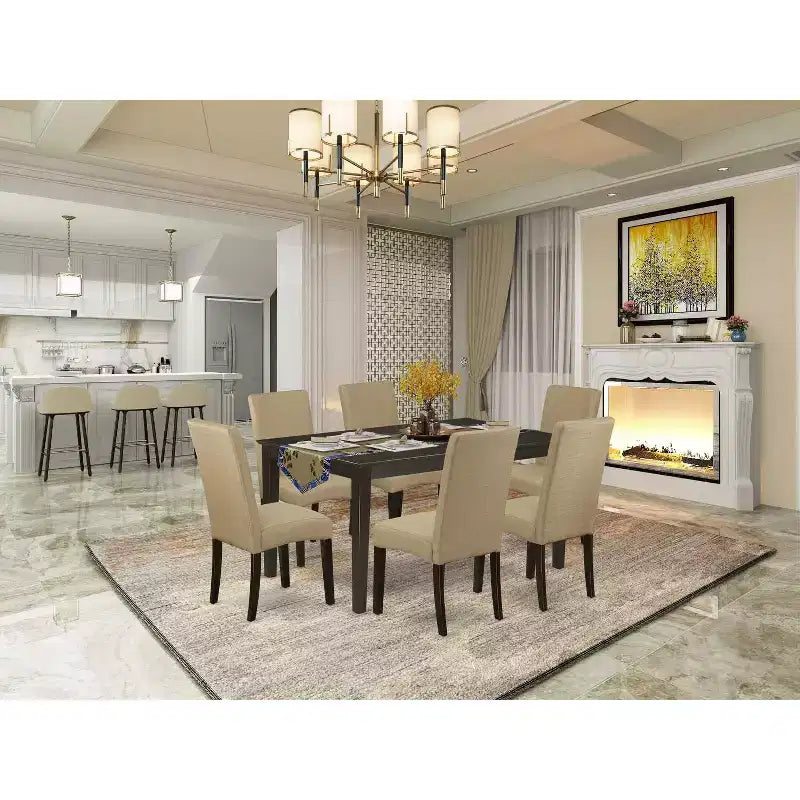 HomeStock Belmont 7 Piece Dining Set Consist of a Rectangle Dining Room Table , 6 Brown Linen Fabric Upholstered Parson Chairs, 36x60 Inch, Cappuccino