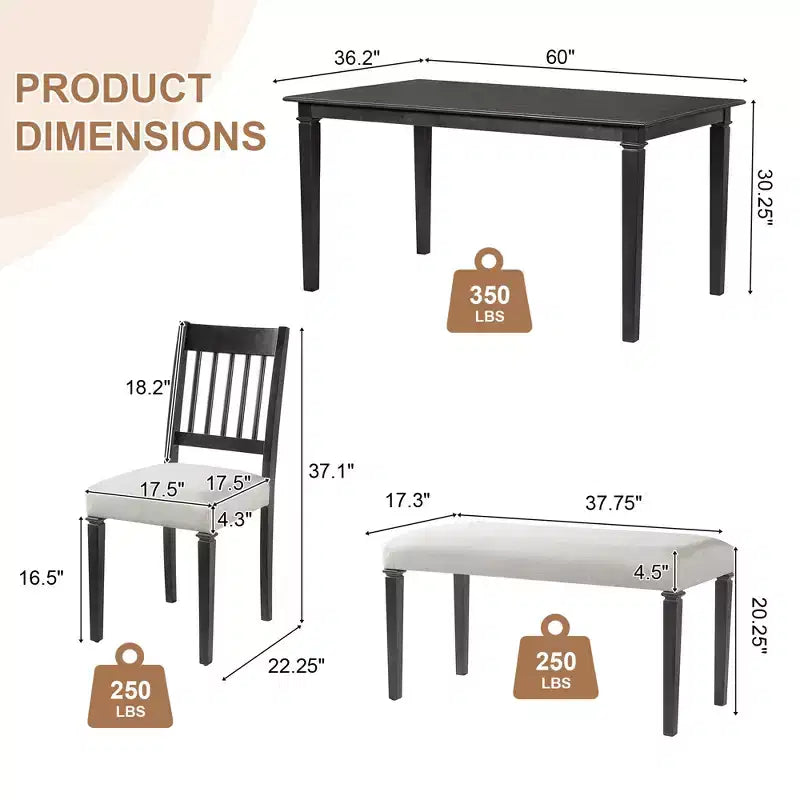 Ensemble de salle à manger de ferme pour 6 personnes, 6 pièces : table rectangulaire en bois et 4 chaises avec banc pour la cuisine