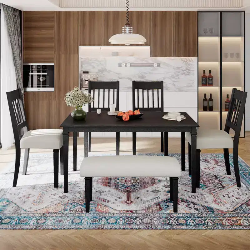Ensemble de salle à manger de ferme pour 6 personnes, 6 pièces : table rectangulaire en bois et 4 chaises avec banc pour la cuisine