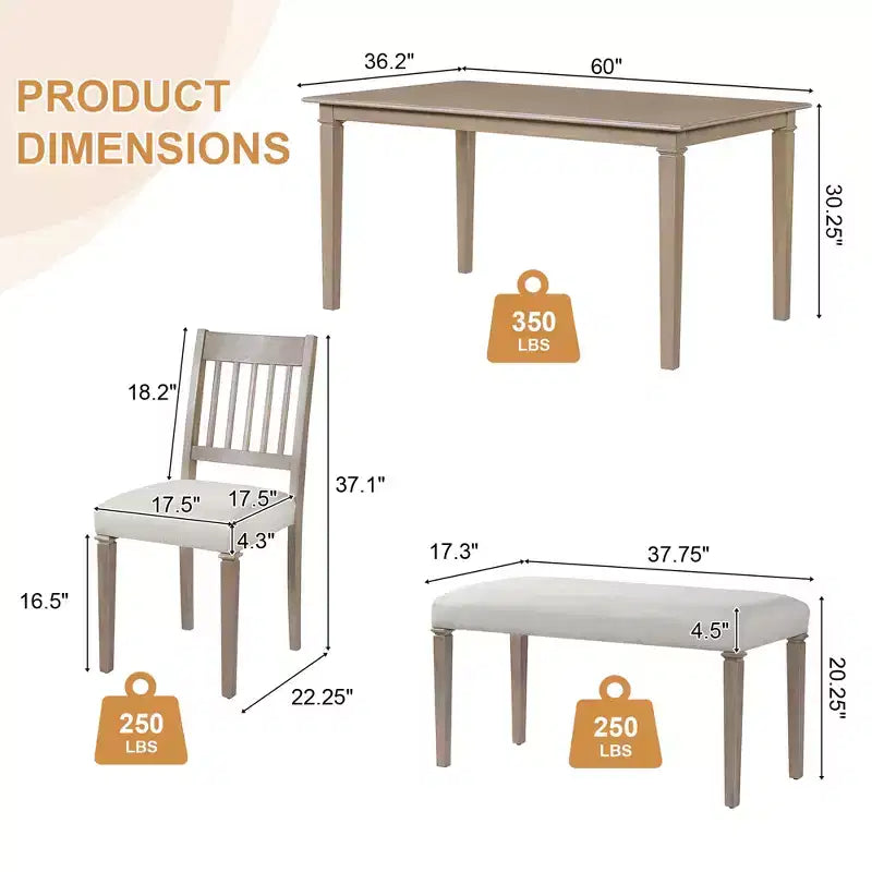 Ensemble de salle à manger de ferme pour 6 personnes, 6 pièces : table rectangulaire en bois et 4 chaises avec banc pour la cuisine