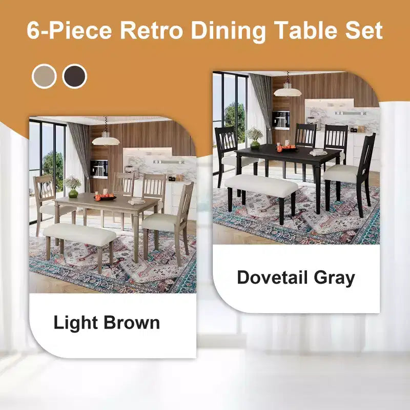 Ensemble de salle à manger de ferme pour 6 personnes, 6 pièces : table rectangulaire en bois et 4 chaises avec banc pour la cuisine