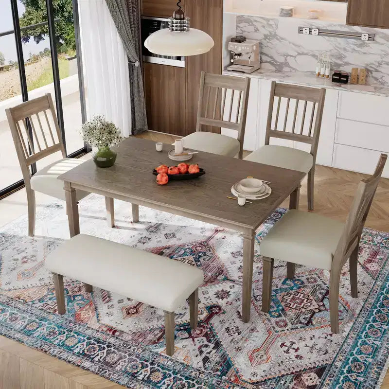 Ensemble de salle à manger de ferme pour 6 personnes, 6 pièces : table rectangulaire en bois et 4 chaises avec banc pour la cuisine