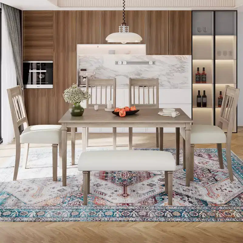 Ensemble de salle à manger de ferme pour 6 personnes, 6 pièces : table rectangulaire en bois et 4 chaises avec banc pour la cuisine