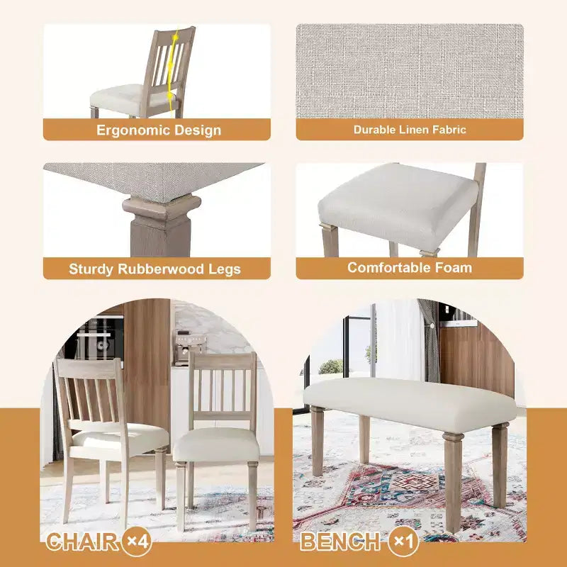 Ensemble de salle à manger de ferme pour 6 personnes, 6 pièces : table rectangulaire en bois et 4 chaises avec banc pour la cuisine