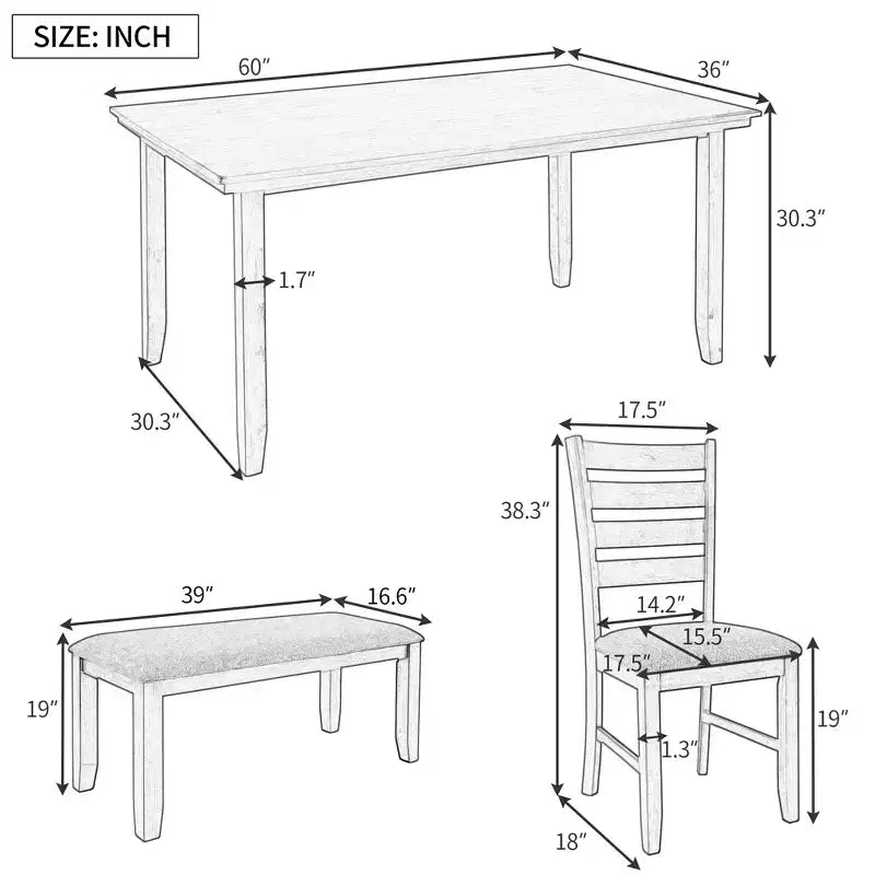 Ensemble Table de Salle à Manger de Ferme pour 6, Table Rectangulaire en Bois et 4 Chaises Rembourrées & Banc