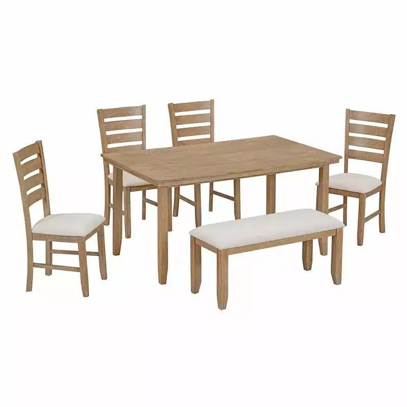 Ensemble Table de Salle à Manger de Ferme pour 6, Table Rectangulaire en Bois et 4 Chaises Rembourrées & Banc