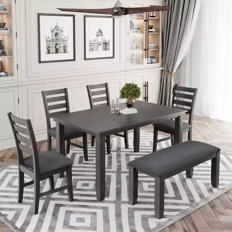 Farmhouse Kitchen Dining Table Set for 6, Wood Rectangle Table and 4 Upholstered Chairs & Bench