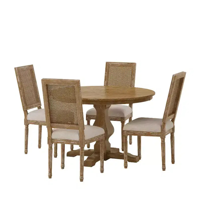 Christopher Knight Home Remuda Ensemble de salle à manger circulaire 5 pièces en tissu, bois et rotin, style campagnard français