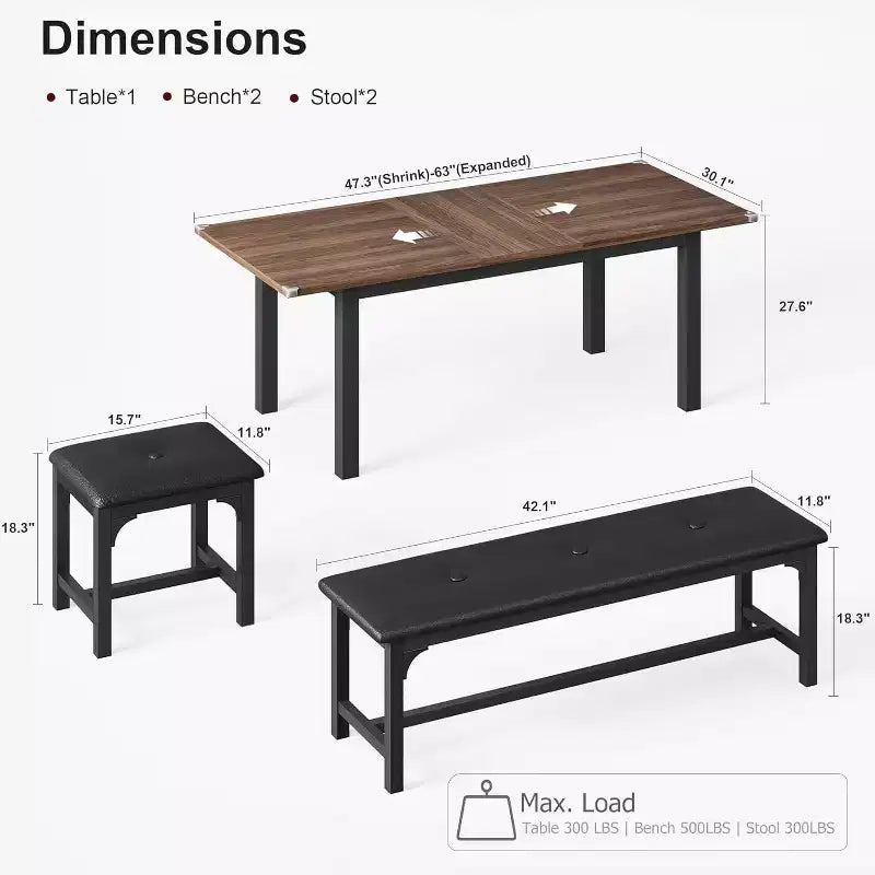 Ensemble de table à manger 5 pièces pour 4-6 personnes, ensemble de table de salle à manger extensible pour 4 personnes, table de cuisine avec bancs et tabourets, ensemble de table à manger pour la maison