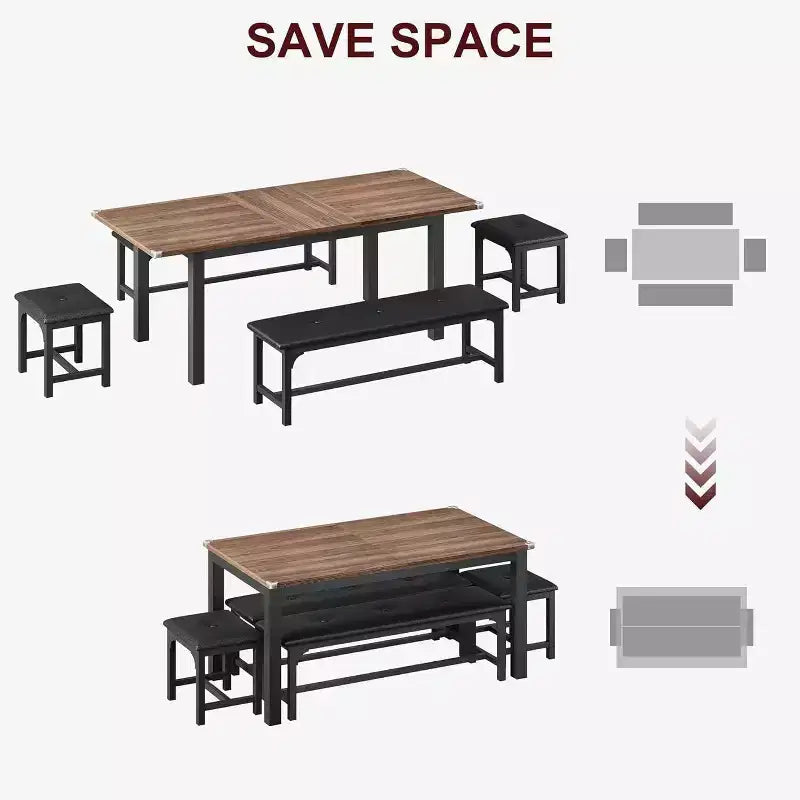 Ensemble de table à manger 5 pièces pour 4-6 personnes, ensemble de table de salle à manger extensible pour 4 personnes, table de cuisine avec bancs et tabourets, ensemble de table à manger pour la maison