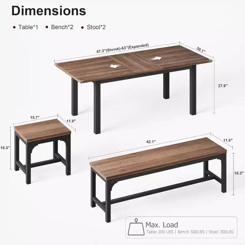 Ensemble de table à manger 5 pièces pour 4-6 personnes, ensemble de table de salle à manger extensible pour 4 personnes, table de cuisine avec bancs et tabourets, ensemble de table à manger pour la maison