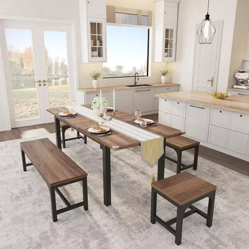 Ensemble de table à manger 5 pièces pour 4-6 personnes, ensemble de table de salle à manger extensible pour 4 personnes, table de cuisine avec bancs et tabourets, ensemble de table à manger pour la maison
