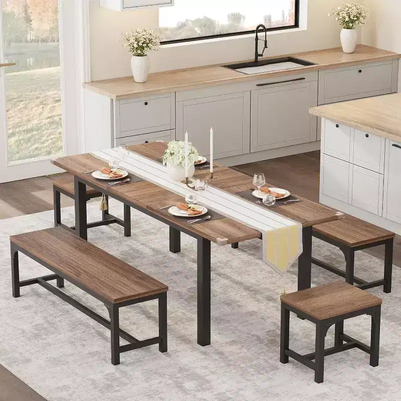 Ensemble de table à manger 5 pièces pour 4-6 personnes, ensemble de table de salle à manger extensible pour 4 personnes, table de cuisine avec bancs et tabourets, ensemble de table à manger pour la maison