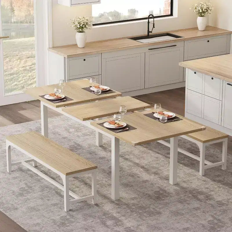 5 Pieces Dining Table Set for 4-6, Extendable Dining Room Table Set for 4, Kitchen Table with Benches and Stools, Dinner Table Set for Home