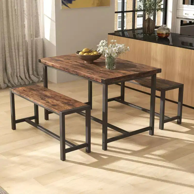 COZONY Ensemble de salle à manger 3 pièces pour 4 personnes, table de cuisine en bois avec 2 bancs, mobilier de dînette peu encombrant pour les petits espaces et les appartements