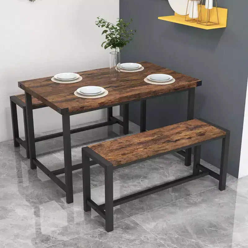 COZONY Ensemble de salle à manger 3 pièces pour 4 personnes, table de cuisine en bois avec 2 bancs, mobilier de dînette peu encombrant pour les petits espaces et les appartements