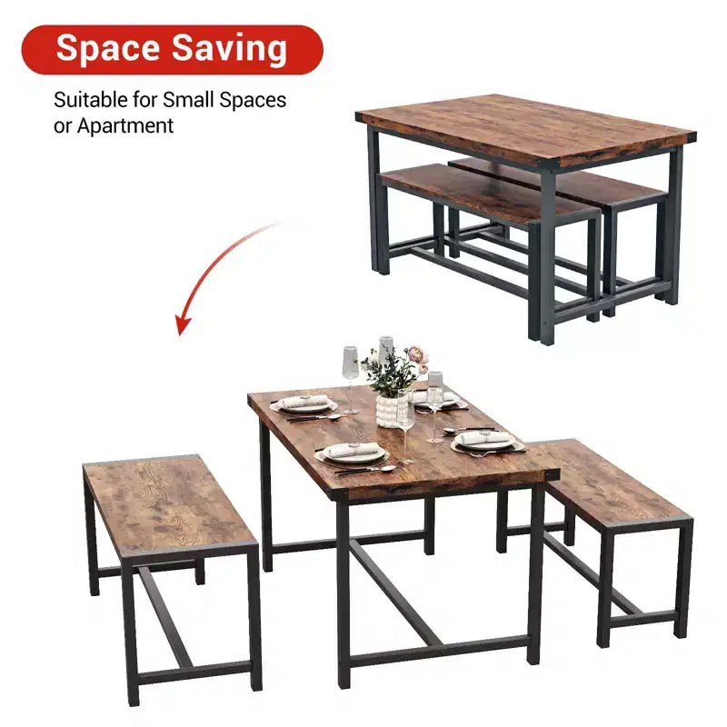 COZONY Ensemble de salle à manger 3 pièces pour 4 personnes, table de cuisine en bois avec 2 bancs, mobilier de dînette peu encombrant pour les petits espaces et les appartements