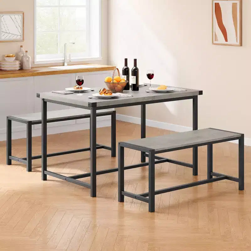 COZONY Ensemble de salle à manger 3 pièces pour 4 personnes, table de cuisine en bois avec 2 bancs, mobilier de dînette peu encombrant pour les petits espaces et les appartements