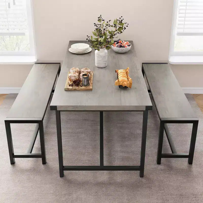COZONY Ensemble de salle à manger 3 pièces pour 4 personnes, table de cuisine en bois avec 2 bancs, mobilier de dînette peu encombrant pour les petits espaces et les appartements