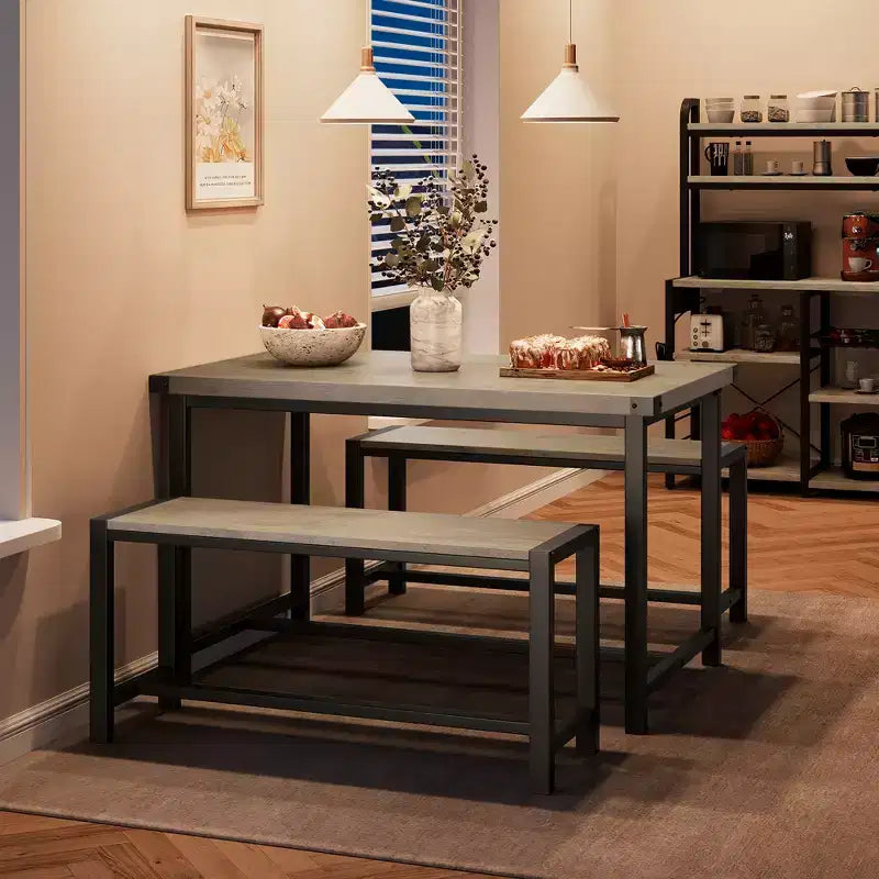 COZONY Ensemble de salle à manger 3 pièces pour 4 personnes, table de cuisine en bois avec 2 bancs, mobilier de dînette peu encombrant pour les petits espaces et les appartements