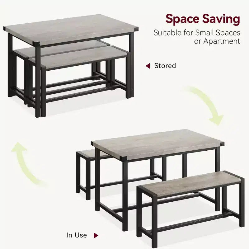 COZONY Ensemble de salle à manger 3 pièces pour 4 personnes, table de cuisine en bois avec 2 bancs, mobilier de dînette peu encombrant pour les petits espaces et les appartements