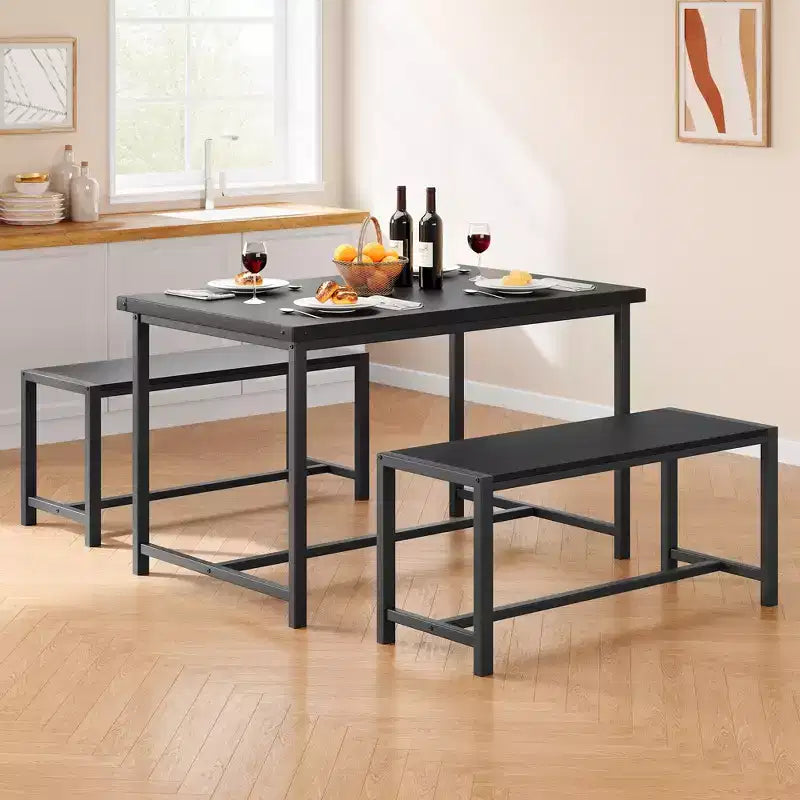 COZONY Ensemble de salle à manger 3 pièces pour 4 personnes, table de cuisine en bois avec 2 bancs, mobilier de dînette peu encombrant pour les petits espaces et les appartements
