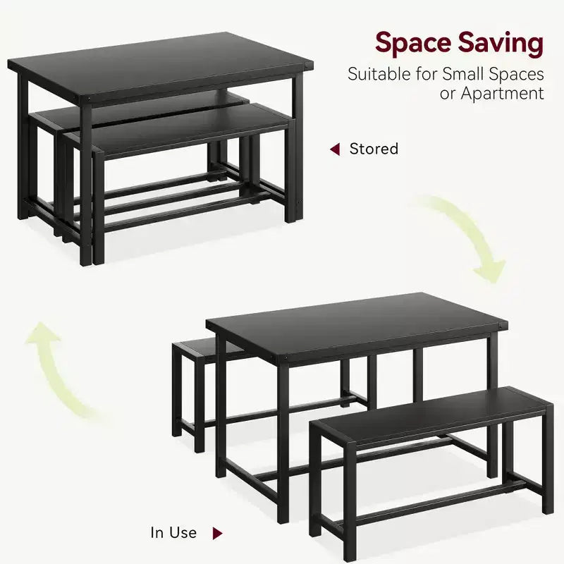 COZONY Ensemble de salle à manger 3 pièces pour 4 personnes, table de cuisine en bois avec 2 bancs, mobilier de dînette peu encombrant pour les petits espaces et les appartements