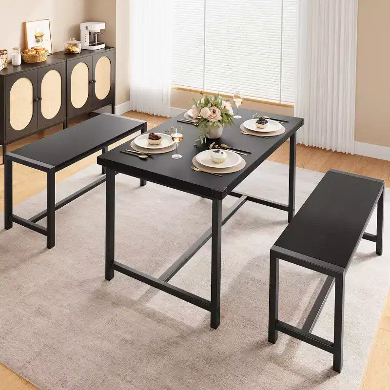 COZONY Ensemble de salle à manger 3 pièces pour 4 personnes, table de cuisine en bois avec 2 bancs, mobilier de dînette peu encombrant pour les petits espaces et les appartements