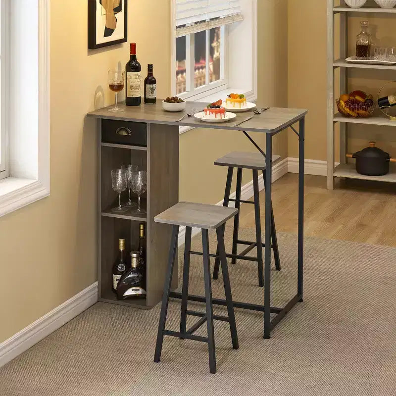 Ensemble 3 pièces table et chaises de bar de petite taille, table de pub peu encombrante avec tiroir de rangement et étagère, rétro