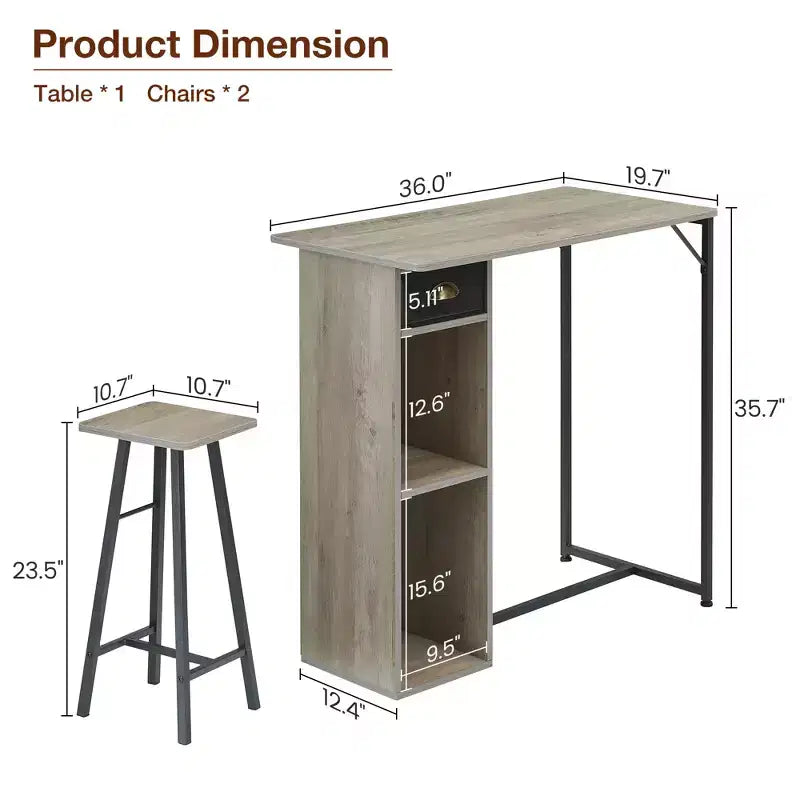 Ensemble 3 pièces table et chaises de bar de petite taille, table de pub peu encombrante avec tiroir de rangement et étagère, rétro
