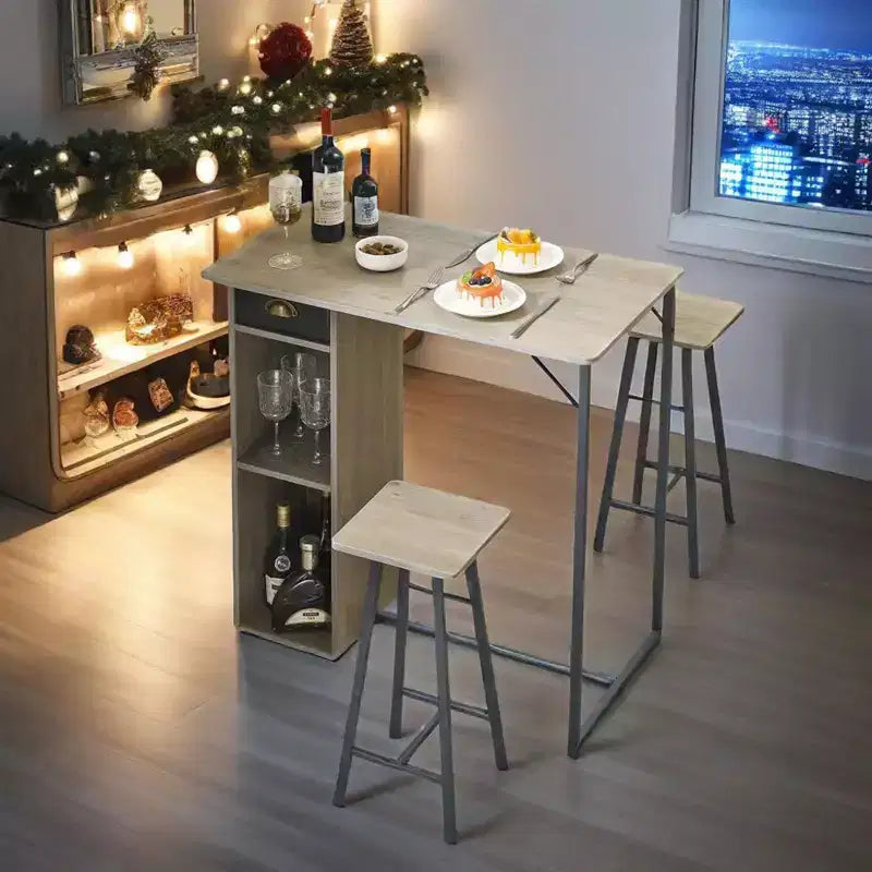 Ensemble 3 pièces table et chaises de bar de petite taille, table de pub peu encombrante avec tiroir de rangement et étagère, rétro
