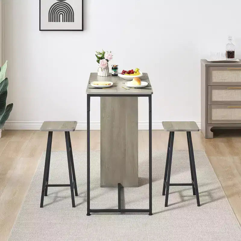 Ensemble 3 pièces table et chaises de bar de petite taille, table de pub peu encombrante avec tiroir de rangement et étagère, rétro