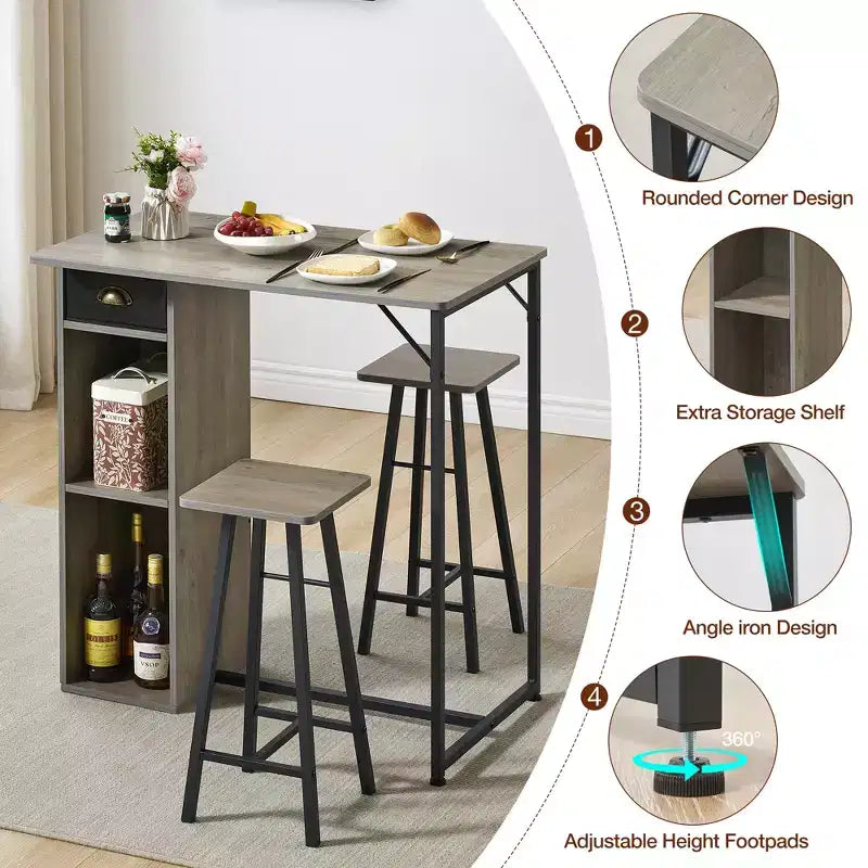 Ensemble 3 pièces table et chaises de bar de petite taille, table de pub peu encombrante avec tiroir de rangement et étagère, rétro