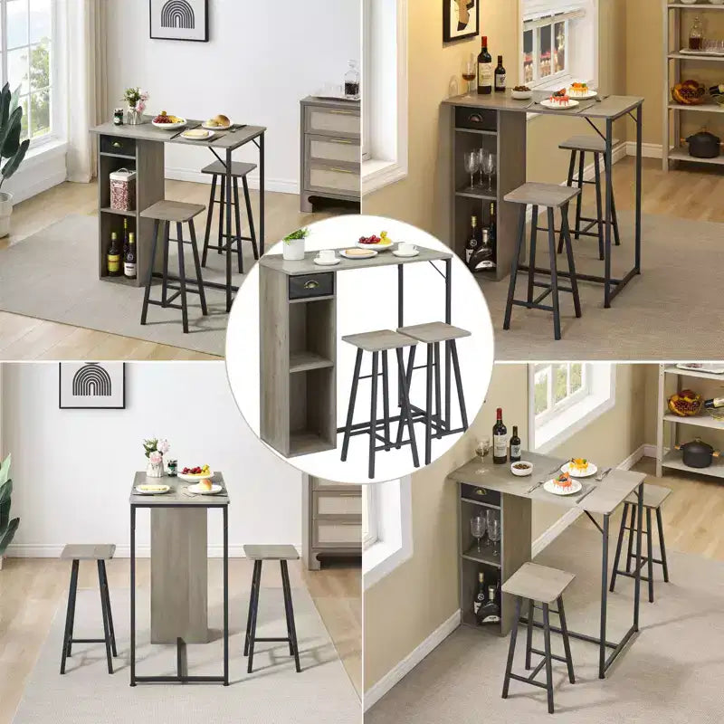 Ensemble 3 pièces table et chaises de bar de petite taille, table de pub peu encombrante avec tiroir de rangement et étagère, rétro