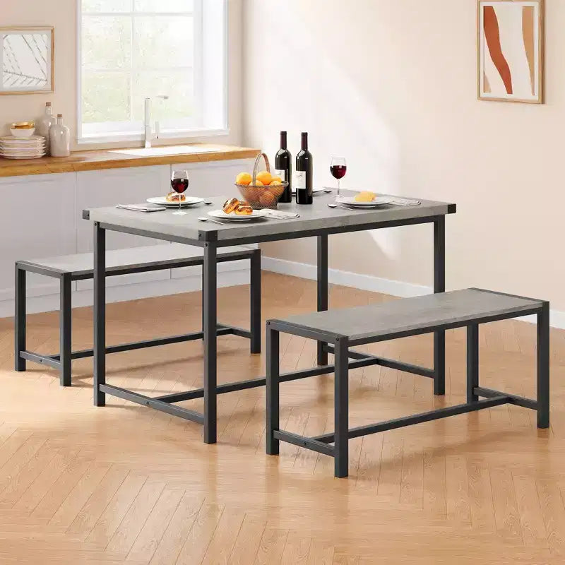 Ensemble de table à manger 3 pièces pour 4 personnes avec 2 bancs, table de cuisine avec protections d'angle, cadre en H, compact pour appartements et petits espaces