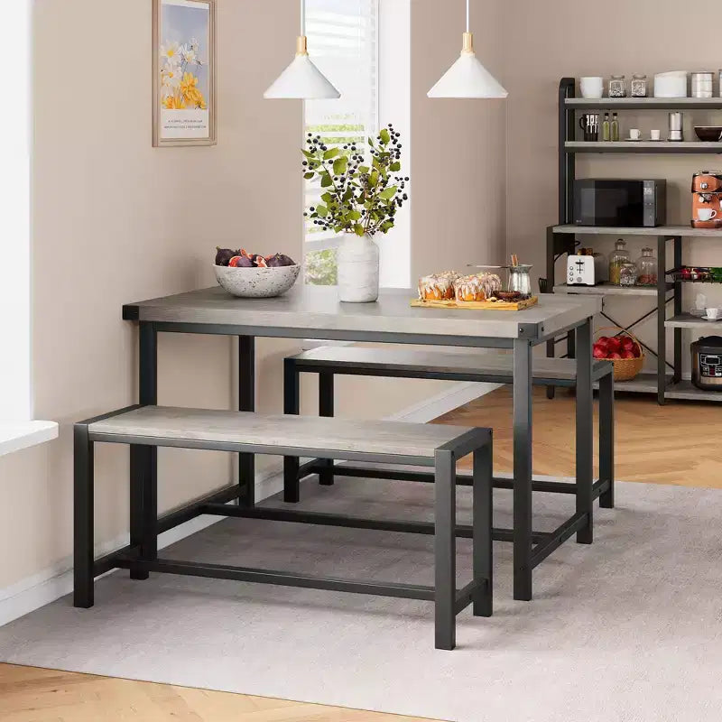 Ensemble de table à manger 3 pièces pour 4 personnes avec 2 bancs, table de cuisine avec protections d'angle, cadre en H, compact pour appartements et petits espaces