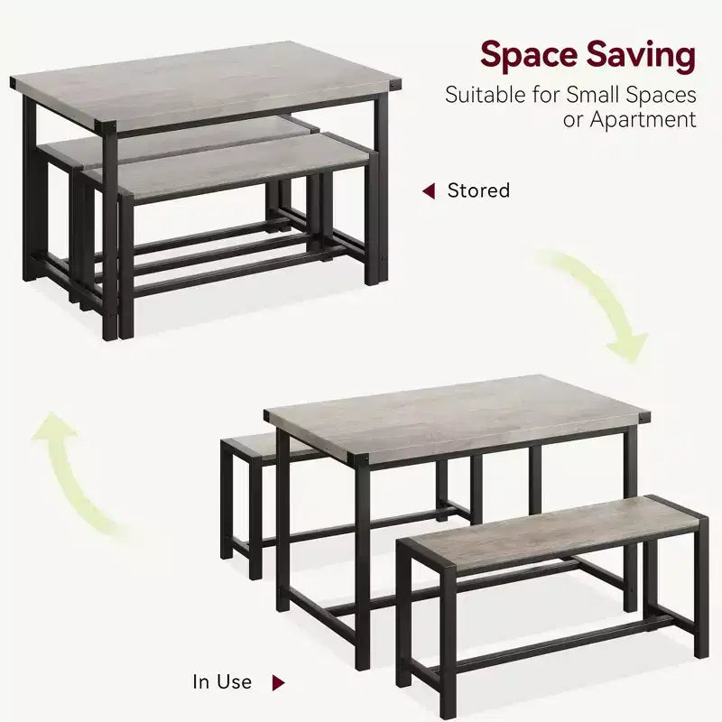 Ensemble de table à manger 3 pièces pour 4 personnes avec 2 bancs, table de cuisine avec protections d'angle, cadre en H, compact pour appartements et petits espaces