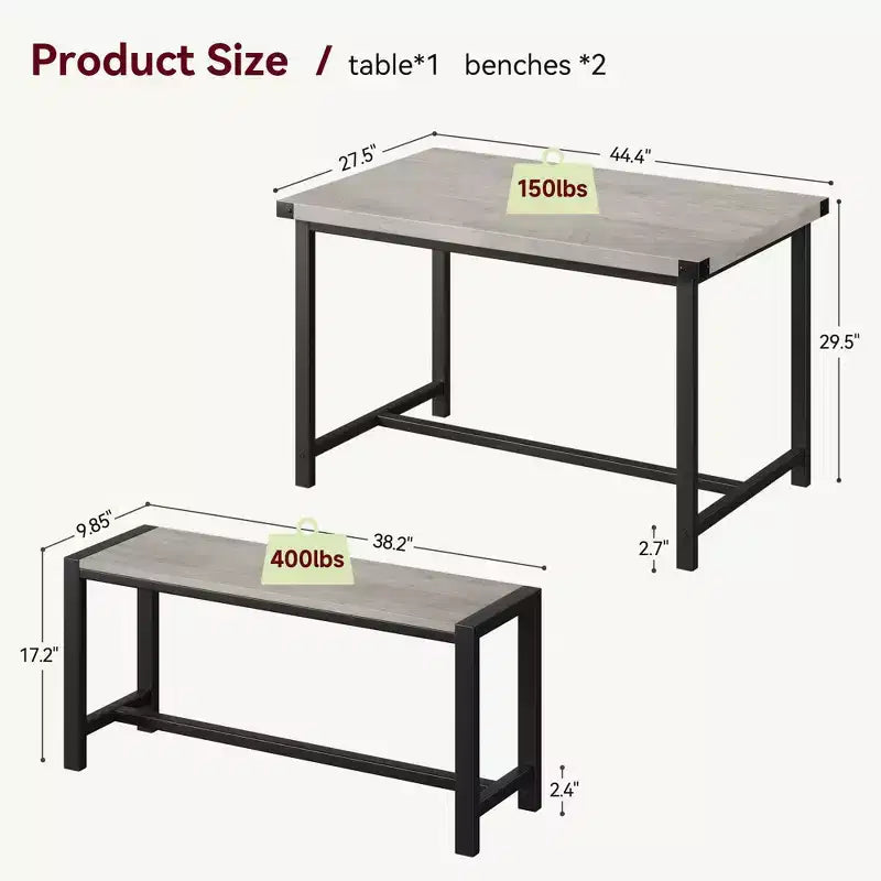 Ensemble de table à manger 3 pièces pour 4 personnes avec 2 bancs, table de cuisine avec protections d'angle, cadre en H, compact pour appartements et petits espaces