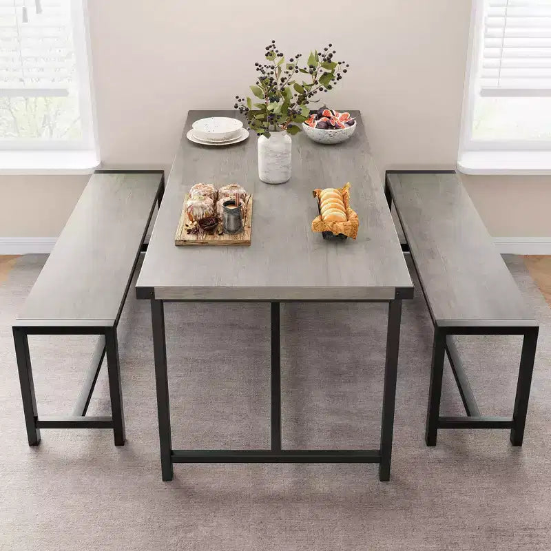 Ensemble de table à manger 3 pièces pour 4 personnes avec 2 bancs, table de cuisine avec protections d'angle, cadre en H, compact pour appartements et petits espaces