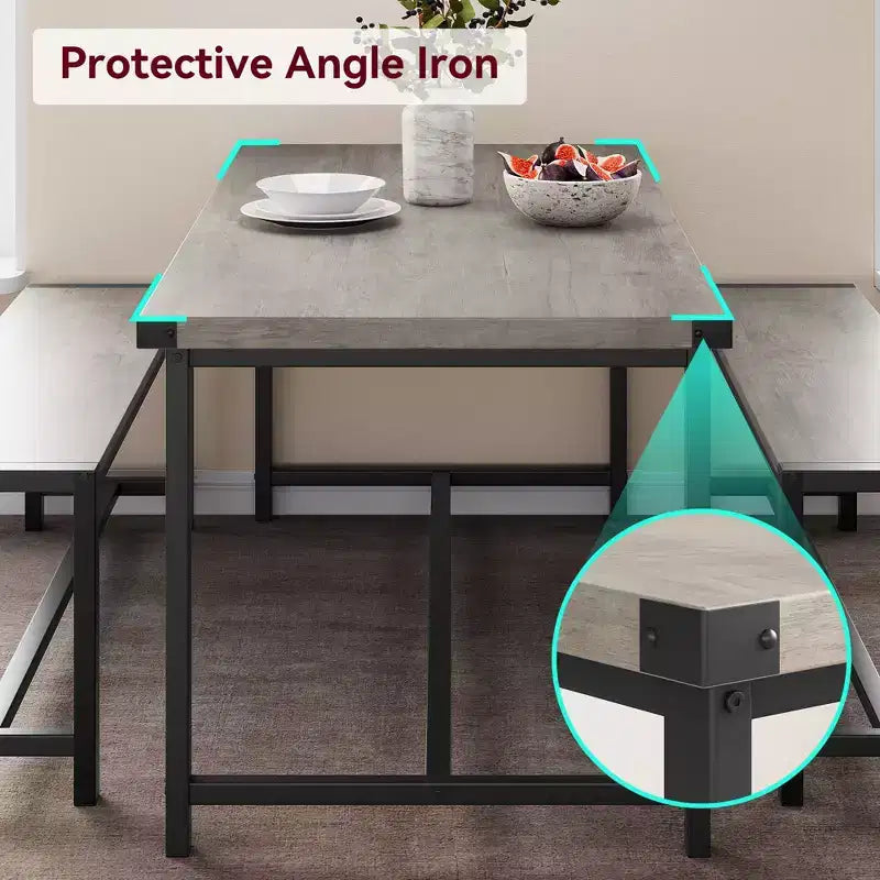 Ensemble de table à manger 3 pièces pour 4 personnes avec 2 bancs, table de cuisine avec protections d'angle, cadre en H, compact pour appartements et petits espaces